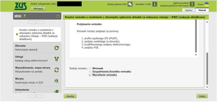 Należy wybrać opcję: wycofanie wniosku